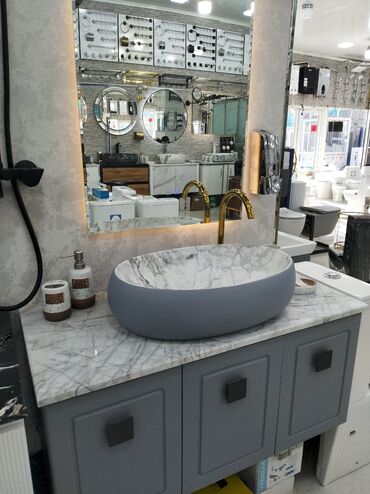 metbex ucun moykalar: Mərmər dizaynlı, oval formalı, boz rəngli əlavə lavabo. Dolablı və