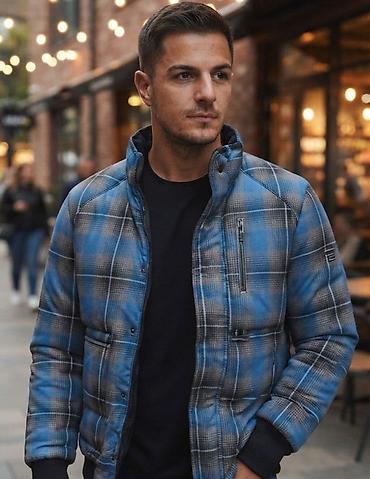 Muška jakna – karirani dezen (plavo‑siva) - Stil: casual/urbani