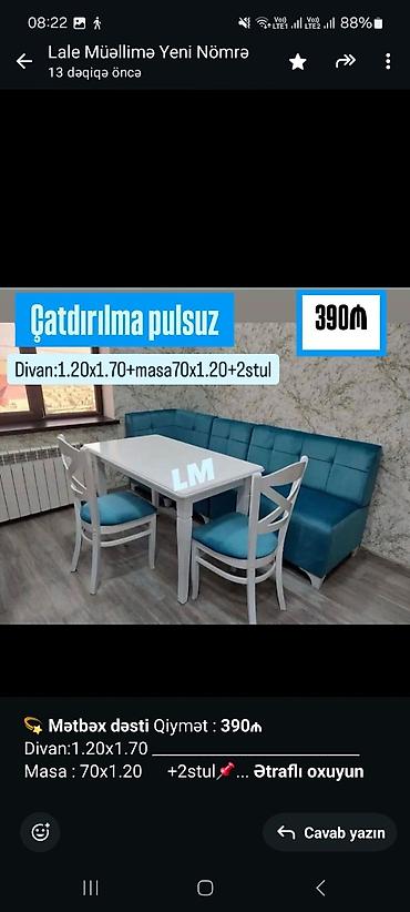 metbex divanlari: 💫 *Mətbəx dəsti* Qiymət : *390₼* Divan:1.20x1.70 — 2