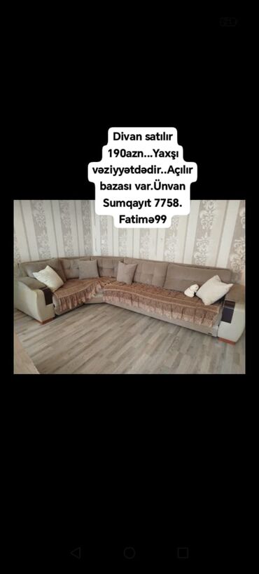 ev bəzəkləri: Divan satılır 190₼. Yaxşı vəziyyətdədir. Açılır bazası var.Ünvan