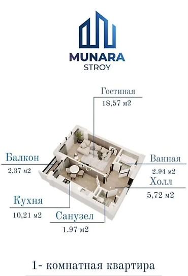 7 1: 1 комната, 42 м², Кок-Жар ж/м Элитка, 7 этаж — 3