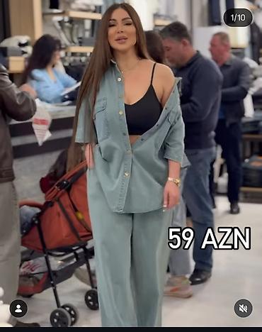 yaşıl şalvar: Qadınlar üçün denim dəst - 2 hissədən ibarət: geniş kəsimli köynək və — 1