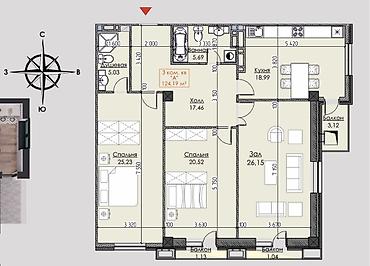 ипотека квартиру: 3 комнаты, 124 м², Элитка, 15 этаж, ПСО (под самоотделку) — 6