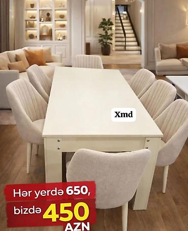 Yemək masası və 6 ədəd stul dəsti - Rəng: krem/bez - Stil: müasir