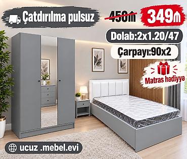 Yataq otağı dəsti – müasir dizayn, boz rəng Tərkibi: - 3 qapılı şkaf