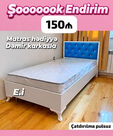 Tək nəfərlik çarpayı – dəmir karkaslı, müasir dizayn. - Ağımtıl