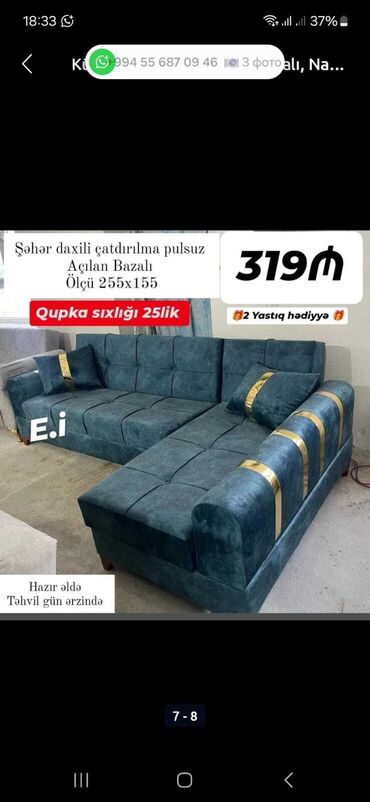 Divanlar: Künc divan, Yeni, Açılan, Bazalı, Vеlur parça, Pulsuz çatdırılma — 3