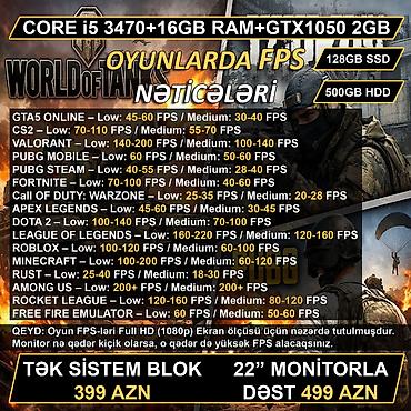Masaüstü kompüterlər və iş stansiyaları: ŞOK ENDİRİM!!! Oyun üçün Kompüter "RGB Core i5 3470 16GB Ram GTX1050 — 5