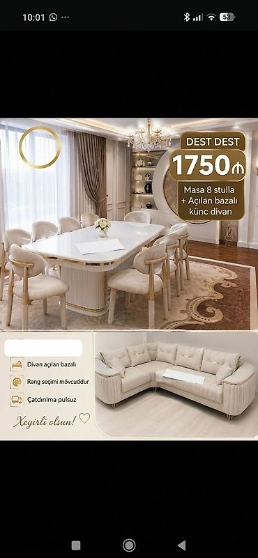 Dəst: Yemək masası + 8 ədəd stul və açılan-bazalı künc divan - Masa