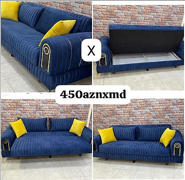 Divanlar: Mavi məxməri parça ilə işlənmiş, zolaqlı dizayna malik rahat divan — 1