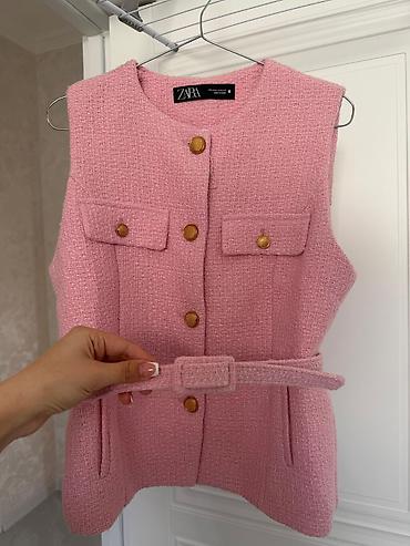 kətan şalvarlar: ZARA qadın jileti – tweed fakturalı, açıq çəhrayı rəng. - Model — 3