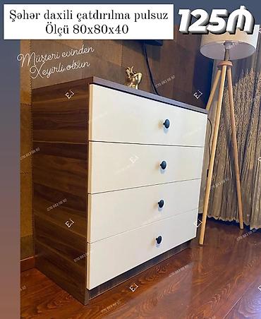 Komodlar: Ağ ön panelli, tünd ağac naxışlı 4 çekmecəli komod. Minimalist dizayn — 1
