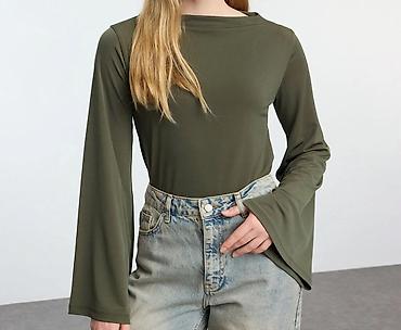 30 de facto sweatshirt: Qadın uzunqol bluz – zeytunyaşıl rəng - Model: Minimalist dizaynlı — 1