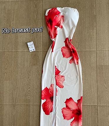 mexmer parca: Qolsuz, strapless uzun don – qırmızı iri hibiskus çiçəyi printi ilə — 3