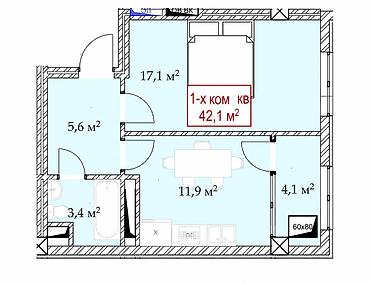 1 комната, 42 м², Южная Магистраль Элитка, 12 этаж, ПСО (под самоотделку)