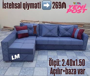 ev dekoru: Mavi rəngdə L-formalı yumşaq künc divan. Parça üzlük, dekorativ — 1