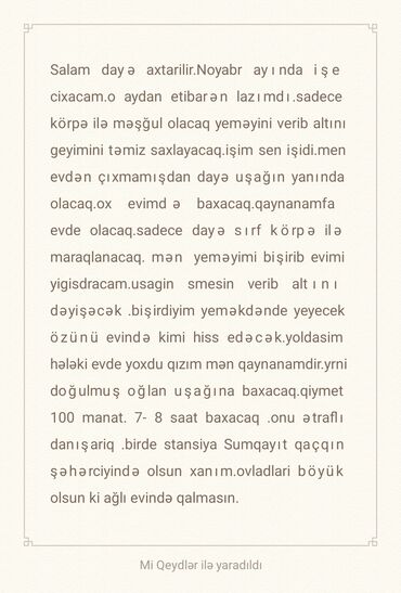daye axtaranlar: Noyabr ayından etibarən dayə axtarılır.stansiya Sumqayıt qaçqın