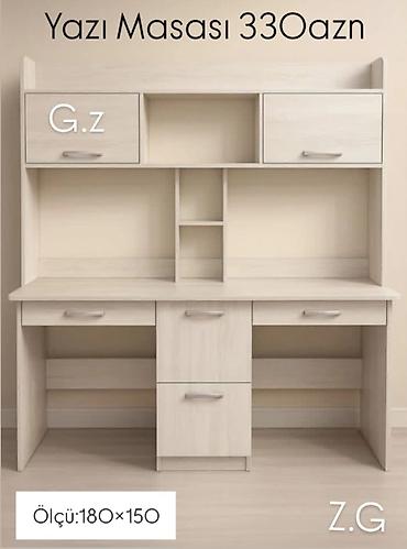 defder: Yazı masası – ölçü: 180×150 sm. Qiymət: 330 AZN. Açıq ağac tonlarında — 1