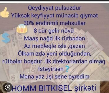 evdən idarə olunan işlər: Deyerli ev xanimlari bizimle komanda yaradib ilk aydan qazanin. Evdece
