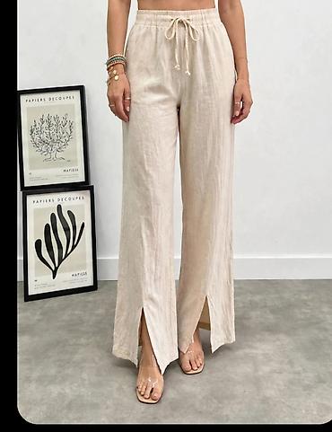 "shein": Lagan širok model letnjih pantalona u bež/boji peska. - Materijal — 1