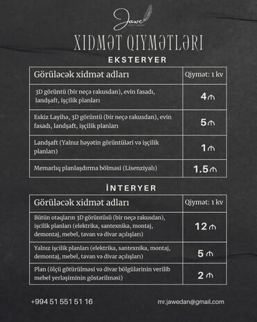 Başqa xidmətlər: 3D görüntü (bir neçə rakusdan), evin fasadı, landşaft, işçilik