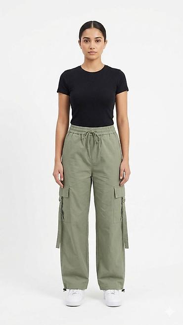 yaşıl şalvar: Qadınlar üçün yüngül karqo şalvar - Rəng: zeytun-yaşıl - Kəsim — 1