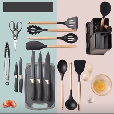 деревяная посуда: Силиконовые наборы поварёшек с ножами и доской из 19 предметов