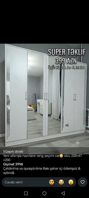 asilqan qiymetleri: 5 və 6 qapılı şkaflar - 5 qapılı model: ölçü 200×47×200 sm. Qiymət — 1