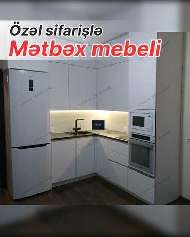 metbex şkafı: Özəl sifarişlə mətbəx mebeli - L formalı, müasir minimal dizayn - Ağ