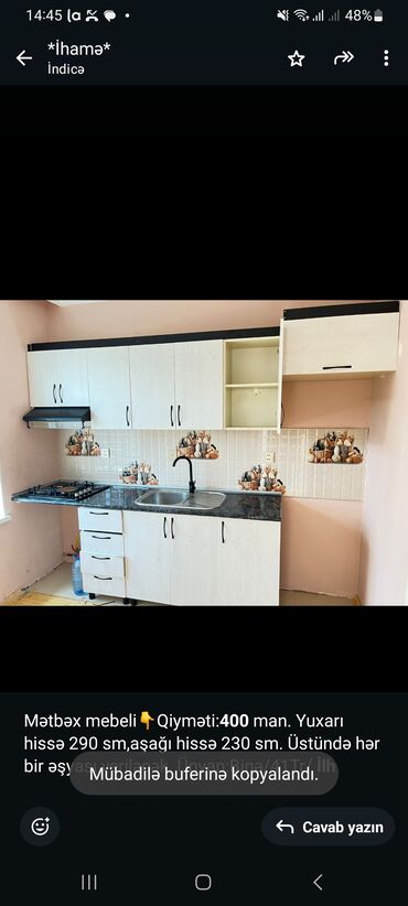 stol metbex: Mətbəx mebeli👇Qiyməti:*400* man. Yuxarı hissə 290 sm,aşağı hissə 230
