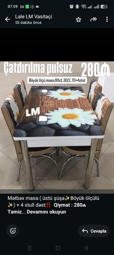 Чайники: Mətbəx masa ( üstü şüşə✨Böyük ölçülü✨) + 4 stull dəst‼ *Qiymət 