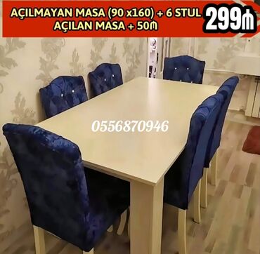 Masa və oturacaq dəstləri: Qonaq otağı üçün, Yeni, Açılmayan, Dördbucaq masa, 6 stul — 9