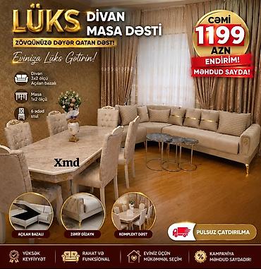 10 min manata evler: Lüks Divan–Masa Dəsti - Divan: 3x2 ölçü, açılan bazalı - Masa: 1x2 — 1