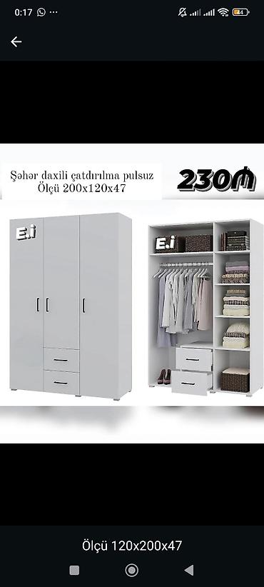 Ağ rəngli, 3 qapılı geyim dolabı. Daxili planlama: - 1 bölmədə paltar