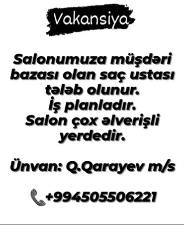 velipsipet 28 salon: Təcrubəli saç ustası tələb olunur