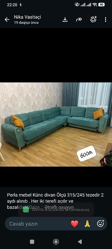 Perla mebel Künc divan Ölçü 315/245 tezedir 2 aydı alınıb . Her iki