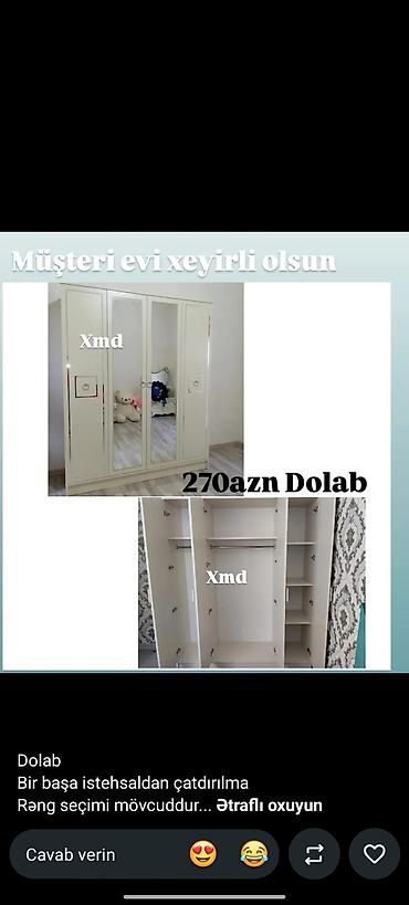 Dolab – 3 qapılı, orta hissədə 2 böyük güzgülü qapı. Daxili quruluş: -