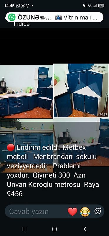 paltar dolap: Mətbəx mebeli – membran materialdan. Komplekt: - Aşağı tumbalar: bir — 1