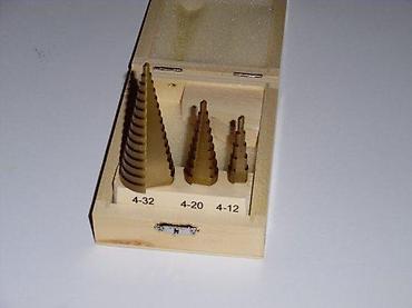 Burgije: Set stepenastih burgija – 3 komada u drvenoj kutiji - Tip: stepenaste — 2