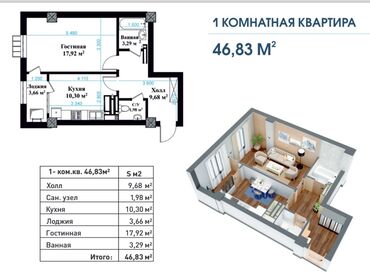 продаю квартиру пишпек: 1 комната, 47 м², Элитка, 4 этаж, ПСО (под самоотделку)