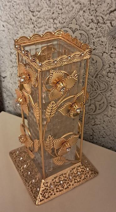 Şamdanlar: Zərif dekorativ şamdan/vaza - Material: qalın şüşə gövdə, qızılı — 2