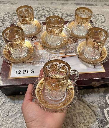Qab-qacaq və mətbəx ləvazimatları: Çay dəsti, rəng - Qızılı, Xrustal, 6 nəfərlik, Türkiyə — 2