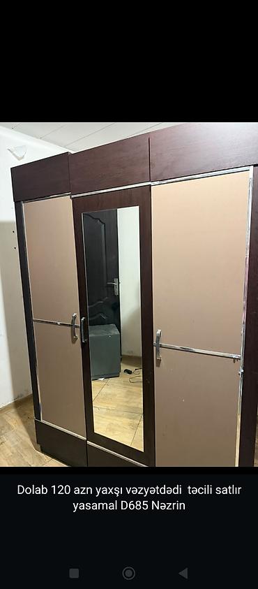 dolab isləmis: İşlənmiş, 3 qapılı, Güzgülü, Qəhvəyi, Taxta, Açılan, Düz dolab — 1