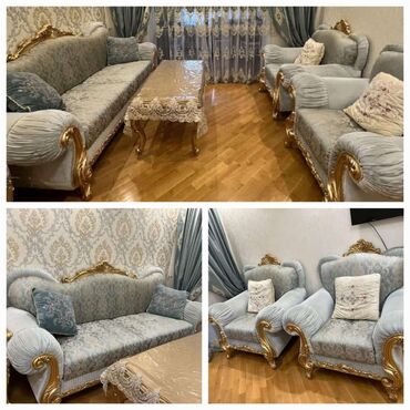 islenmis divan kreslo: Б/у, Классический диван, 2 кресла, Без подьемного механизма, Нераскладной