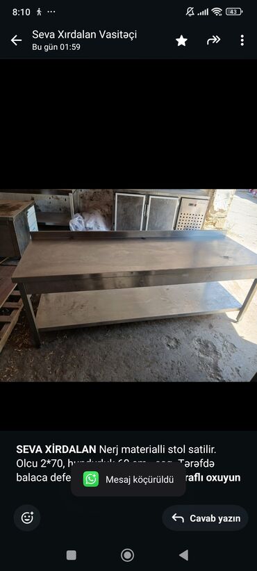 Kulonlar: *SEVA XİRDALAN* Nerj materialli stol satilir. Olcu 2*70, hundurluk 60