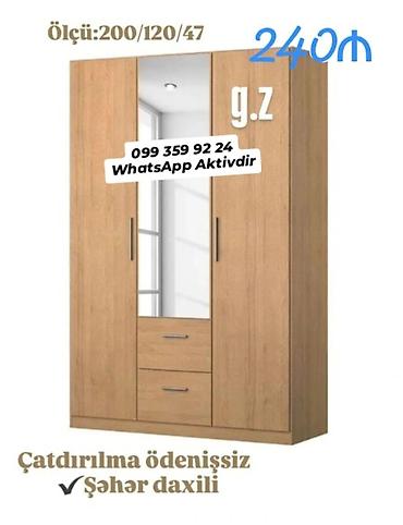 ucuz dolablar: Üç qapılı şkaf – təbii ağac teksturasında, modern minimalist dizayn. - — 1