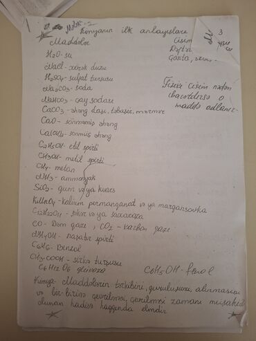 Bloknotlar: Bu, kimyəvi maddələrin siyahısını və onların kimyəvi düsturlarını