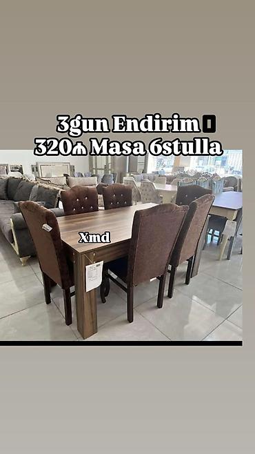 Masalar və oturacaqlar: Yemək otağı üçün masa və 6 stul dəsti • Komplekt: 1 masa + 6 stul • — 9