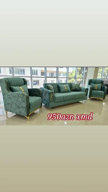 islenmis divan kreslo: Yaşıl tonlarda 3-lü dəst: 1 ədəd üçlü divan + 2 ədəd kreslo. Mebel — 1