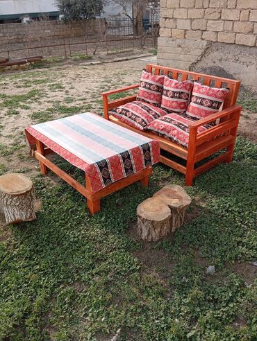 Садовая, уличная мебель: Новый, Прямоугольный стол, 2 стула, Нераскладной, Со скамейками, Дерево, Азербайджан